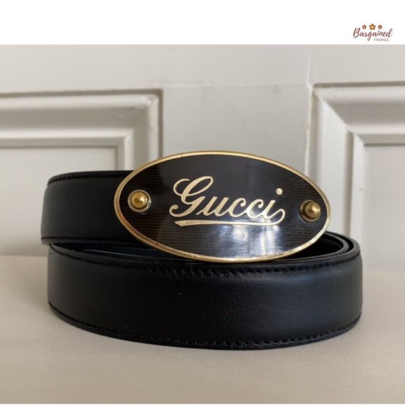 Authentic GUCCI Black Calfskin Leather Gold Signature Oval Buckle Belt 80/32